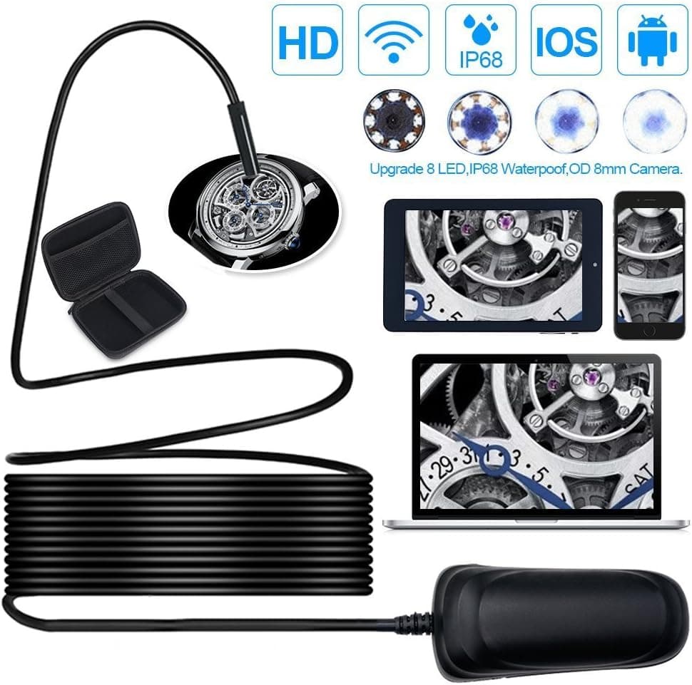 Wireless Endoscope, Goodsmiley HD1080P 1000mAh Wifi USB Borescope, IP68 Waterproof Inspection Camera, Semi-rigid Flexible Snake Camera for Android, iPhone, Samsung, Tablet, PC, 16.4 Foot/5 Meters