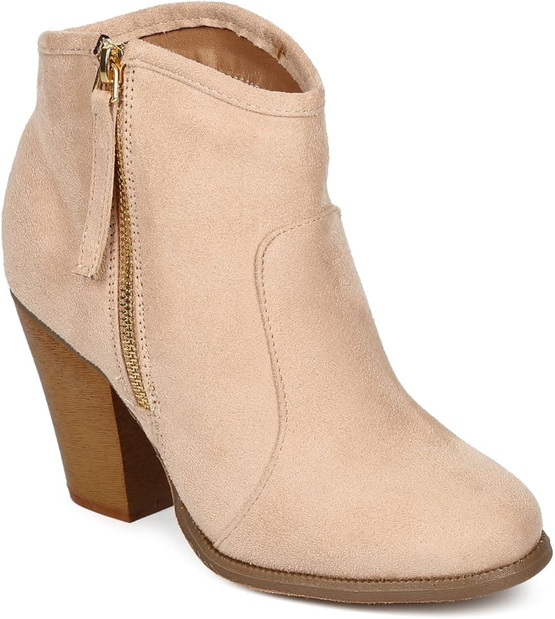 Liliana Women Suede Round Toe Chunky Heel Ankle Riding Bootie CJ46 - Nude Faux Suede (Size: 7.5)