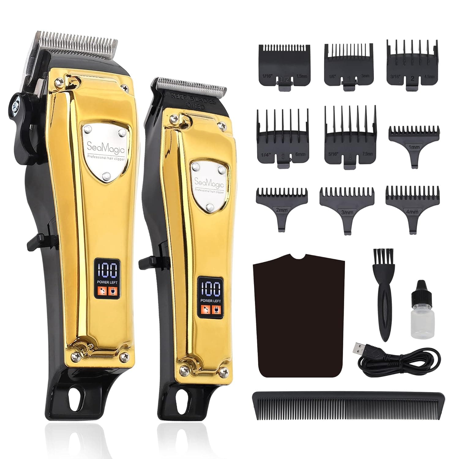 SEAMAGIC Professional Hair Clipper & Trimmer Kit, Cordless Rechargeable Hair Cutting Kit, Barber Beard Trimmer with LED Display for Men and Family, Gold