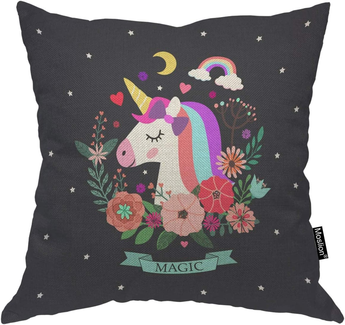 Moslion Unicorn Pillow,Home Decor Throw Pillow Cover Case Unicorn and Magic Cushion Cover Standard Pillow Cases for Men Women Girls Boys Sofa Bedroom Livingroom 18"x18",Multi
