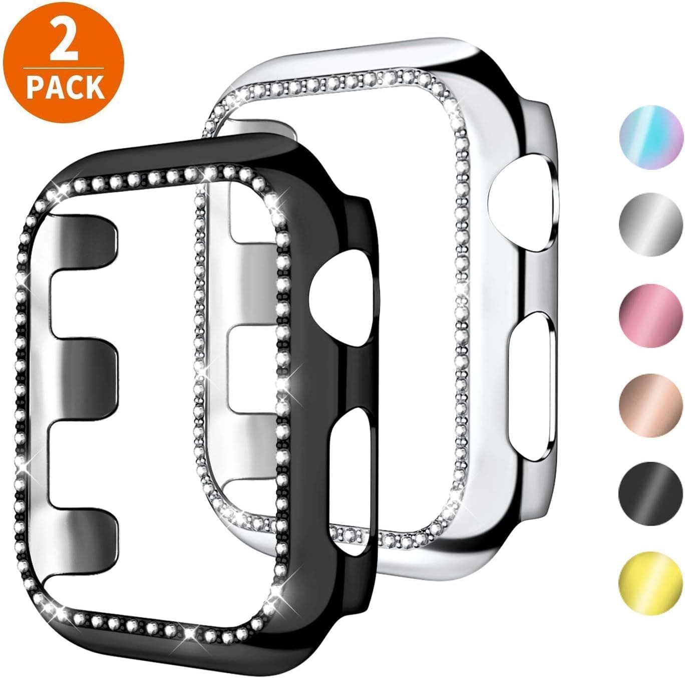 KOLEK 2 Packs Case Compatible with Apple Watch Series 3 2 1 38mm, Durable Crystal Bling Case for iWatch All Versions, Black Silver