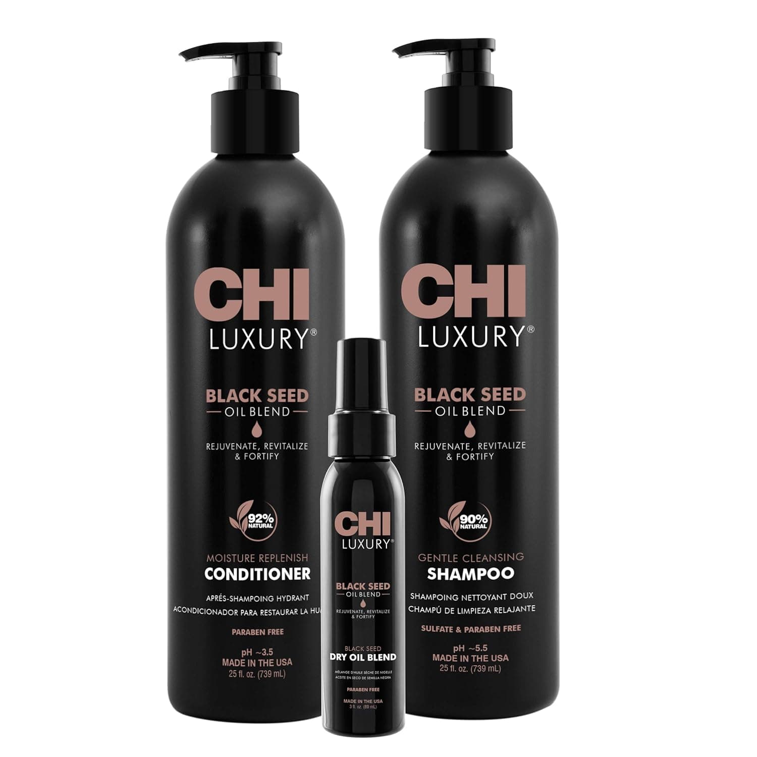 CHI Luxury Seed Oil Blend Gentle Cleansing Shampoo 25oz Luxury Seed Oil Moisture Replenish Conditioner 25oz AND Luxury Seed Dry Oil 3oz 3 Pack, Black, 25 Fl Oz