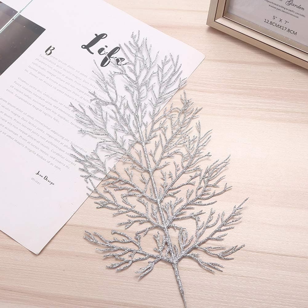 TRRAPLE 10Pcs Artificial Glitter Leaves, Christmas Glitter Leaves Decorations Flashing Christmas Tree Decorative Leaves for Holiday DIY Decorations Supplies