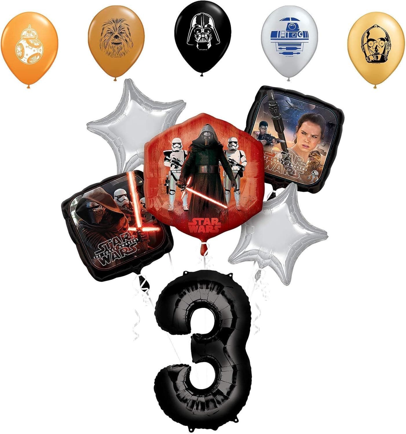 Star Wars 3rd Birthday Party Supplies Foil Balloon Bouquet Decorations with 5pc Star Wars 11 Inch Character Print Latex Balloons Chewbacca, Darth Vader, C3PO, R2D2 and BB8