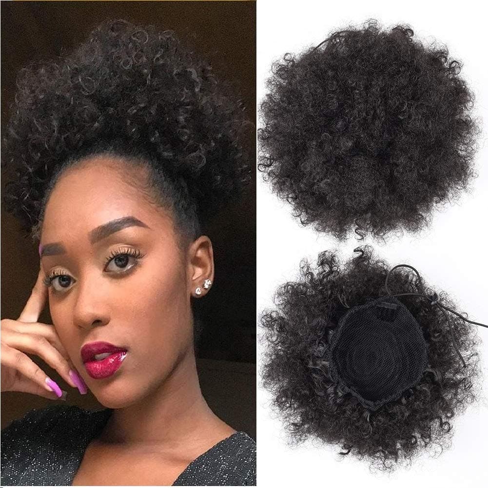 Afro Puff Drawstring Ponytail Bun Synthetic Short Kinky Curly hair Bun Extension Hair pieces Updo Hair Extensions Large Size with Two Clips for Black Women 2#