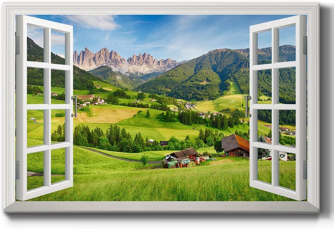 Renditions Gallery Nature Wall Art Scenic Window View of Wharfedale Valley & Farm Canvas Hanging Artwork for Bedroom Living Room Office Decor - 18"X27" LT04