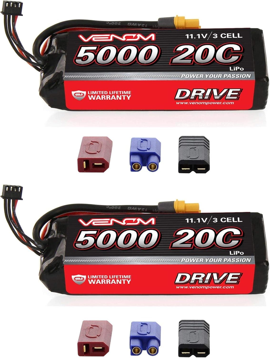 Venom 20C 3S 5000mAh 11.1V LiPo Battery with Universal Plug (EC3/Deans//Tamiya) x2 Packs