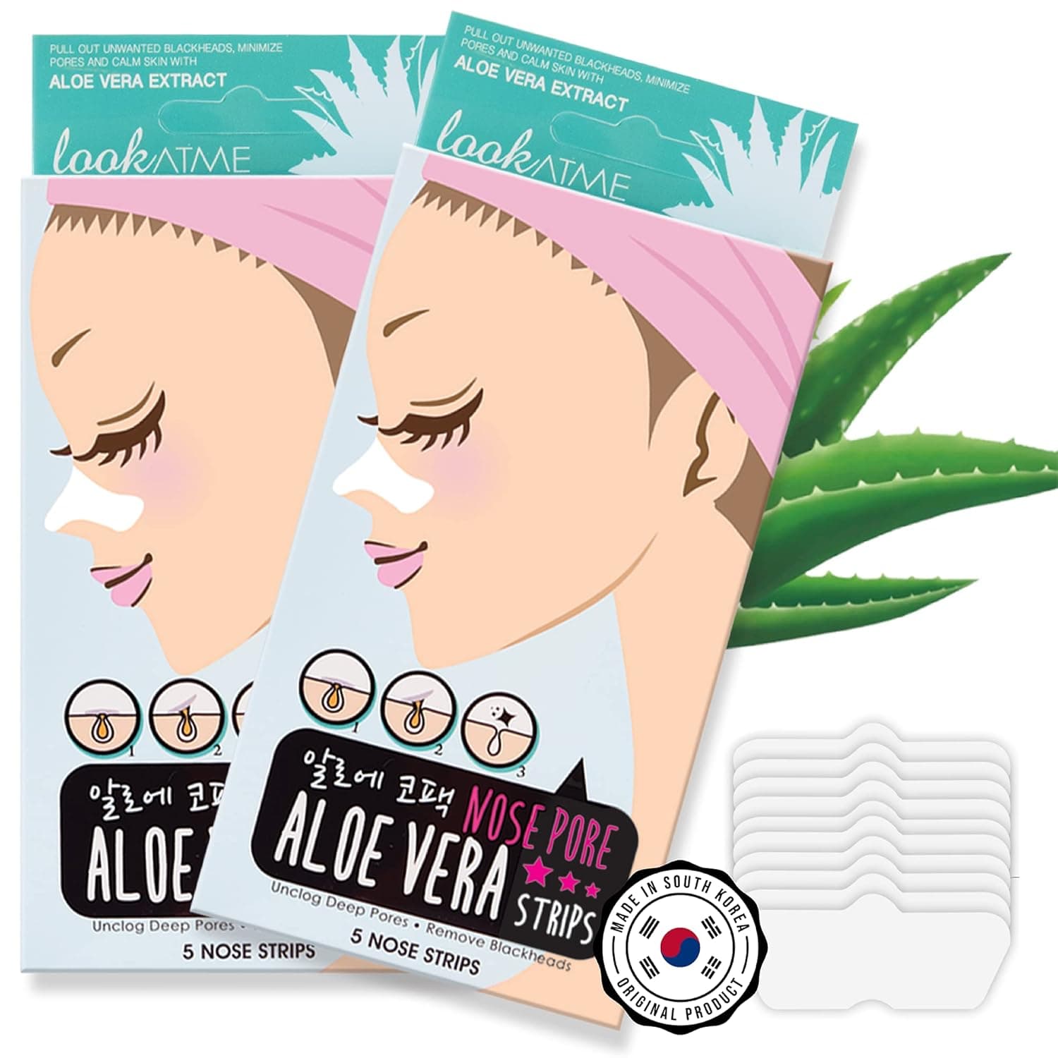 Look At Me Nose Pore Strips (2-Pack, 10 Nose Strips). Korean Skin Care Blackhead Remover with Aloe Vera. K Beauty Pore Cleaner and Pore Extractor. Acne Mask for Blackhead Removal. Adhesive Pore Mask.