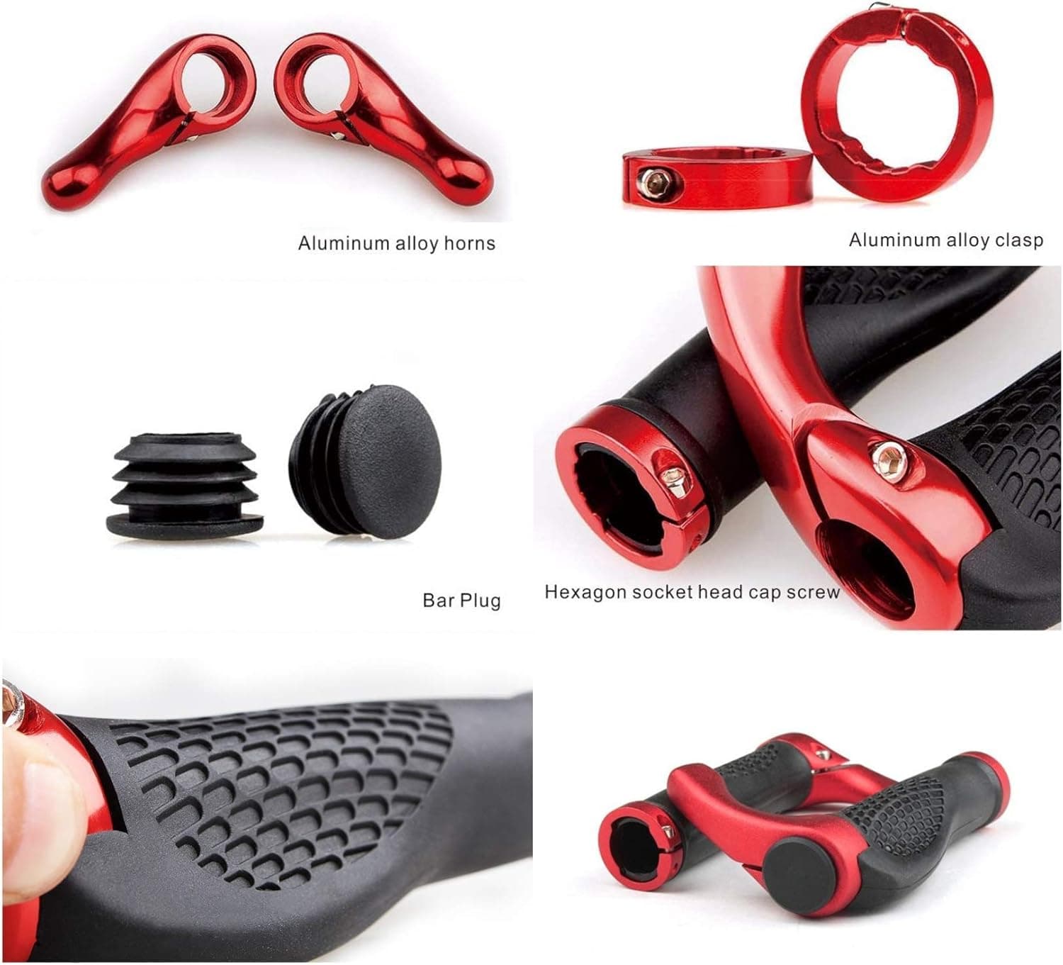 Ten Virtues The Comfiest Ergonomic Bicycle Handlebar Rubber Grips with Anti-Slip Contoured Design and Aluminum Alloy Inner Ring Clamps (Red)