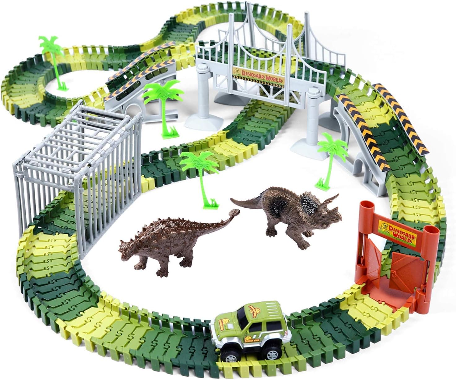 Ohuhu Dinosaur Race Track Toys, 230 Pieces Race Tracks Play Set, 2 pcs Cool Dinosaur for 3 4 5 6 Year & Up Old Boys Girls