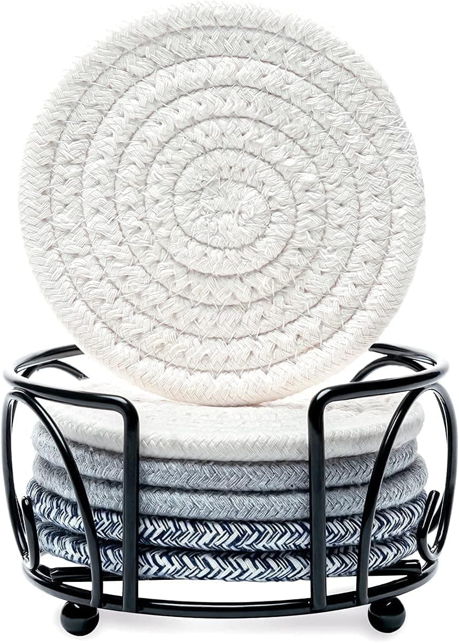 Coasters with Holder, Absorbent Coasters for Coffee Table, Wooden Table, Woven Coaster Set, Handmade Braided Fabric Coasters for Tabletop Protection (Blue&White, Light Grey, Beige, 6)