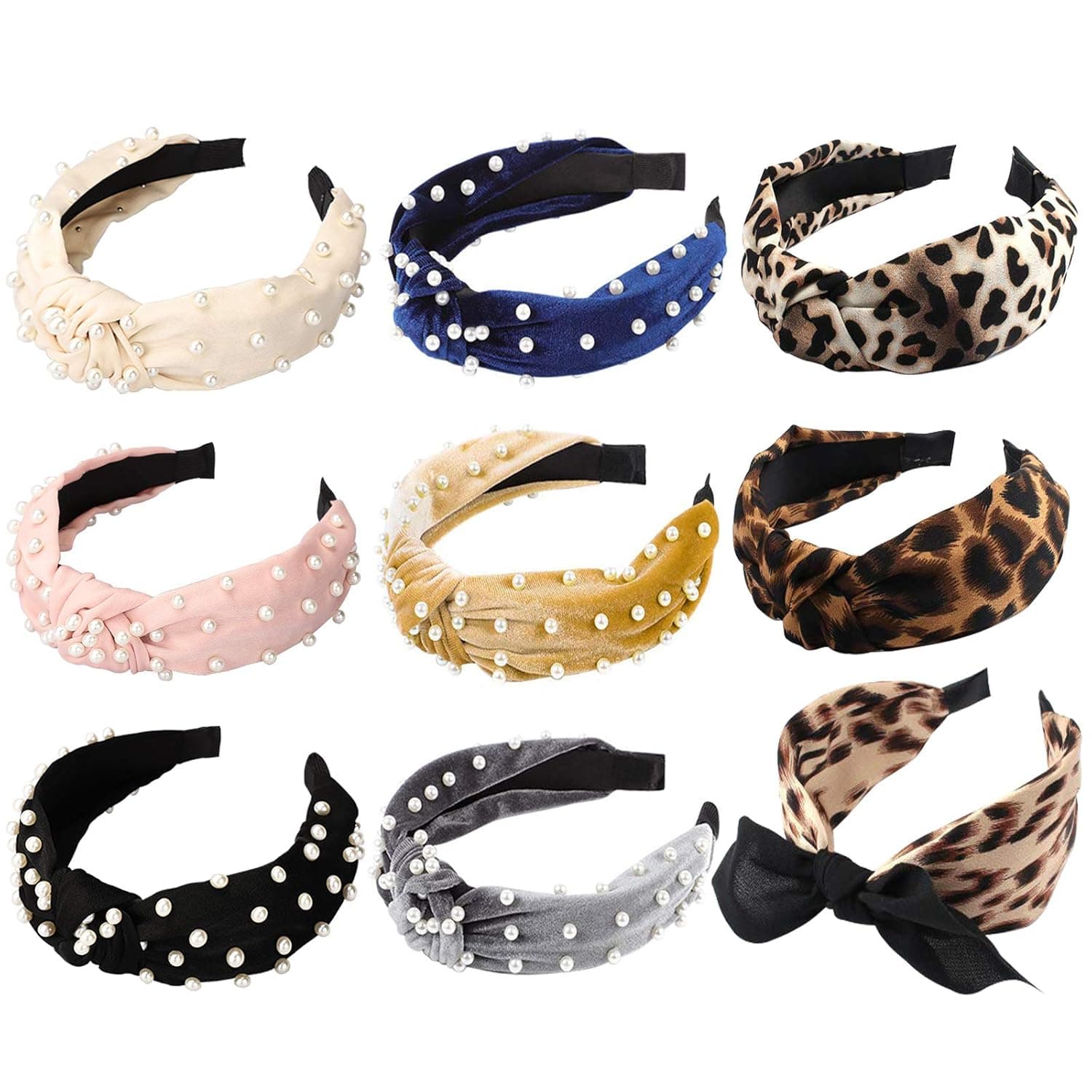 Headbands for Women 9 Pack, 3 Leopard Headbands and 6 Velvet Pearl Hairbands, Fashion Cute Elegant Wide headband Top Cross Knot Stripe Turban Hair Hoop Headwrap Headwear for Women Girls Hair Accessories (3 Leopard & 6 Pearl Headbands)