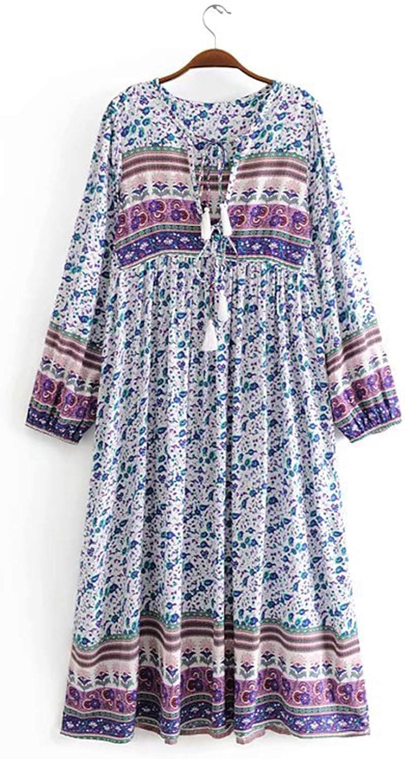 Top-Vigor Boho Dresses for Women Long Sleeve Retro Floral Print Tassel Bohemian Loose Midi Dresses