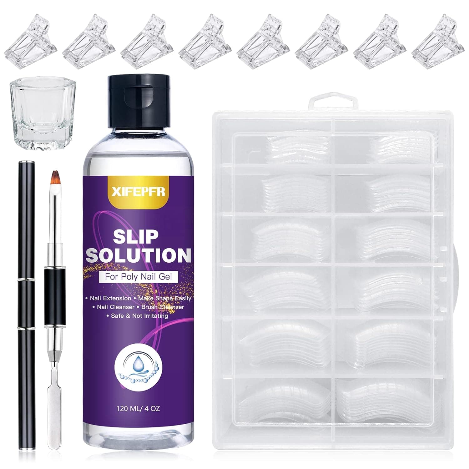 XIFEPFR Slip Solution for Poly Gel Nails, 4oz Extension Gel Slip Solution Anti-stick Polygel Solution Liquid with 120pcs Dual Forms Nail Brush Tips Clips Cup for Easy DIY Poly Gel Nail Art