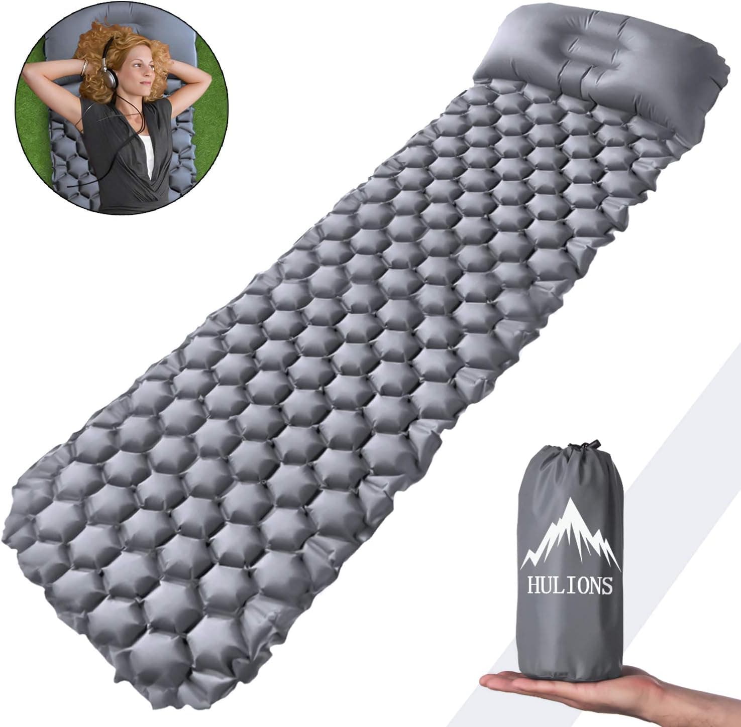 HULIONS Ultralight Sleeping Pad-Compact Inflatable Sleeping Mat for Camping Lightweight Air Sleeping Pad with Pillow for Backpacking Tenting and Hammock -Plus Larger Size