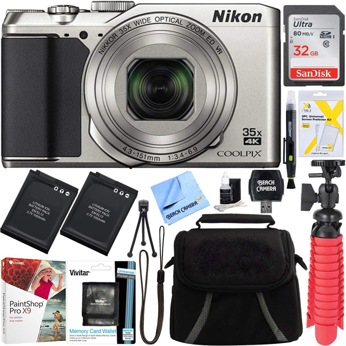 Nikon A900 20MP Longest Slim Zoom COOLPIX WiFi Digital Camera with 4K UHD Video 35x Telephoto NIKKOR Zoom Lens + 32GB Dual Battery Accessory Bundle (Silver)