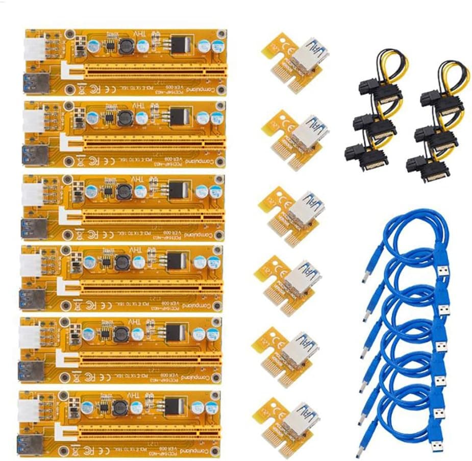 PCIE Riser 1X to 16X Graphics Extension for GPU Mining Powered Riser Adapter Card, 6 Pin PCI-E to SATA Power Cable for Bitcoin Mining & 60cm USB 3.0 Extension Cable (VER 009S, 6-Pack) - Clearance