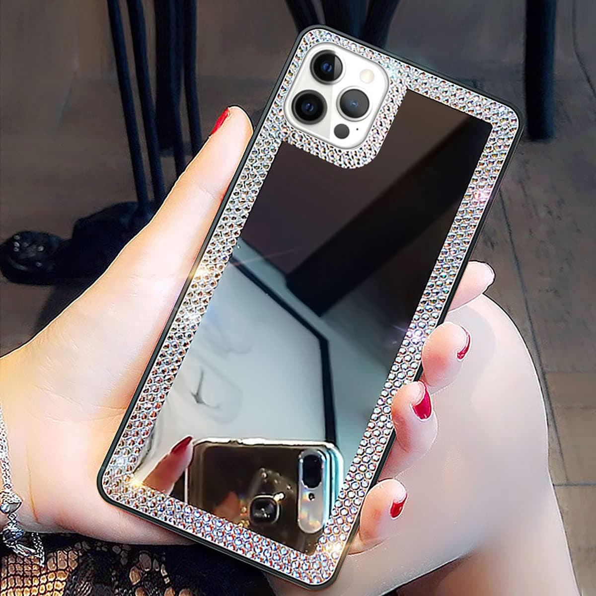 Cavdycidy for iPhone 13 pro Mirror Case for Women with Bling Rhinestone, Stick on Mirror for Phone Case,Mirror Phone Cover That Can Be Used for Outdoor Makeup for Girl(Glitter Diamond Mirror)