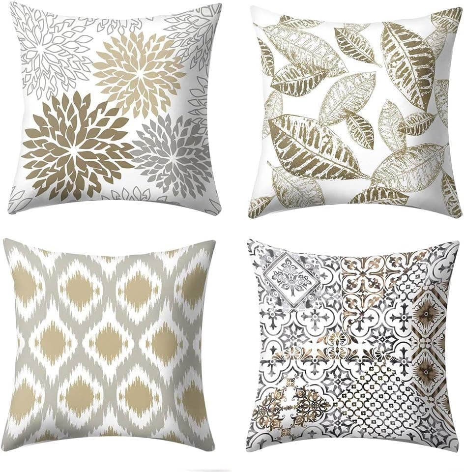 4Pcs Short Plush Sofa with Pillowcase Gold Leaves Ultra-Soft Pillow Covers Living Room Geometric Decorative Cushion Cover 18x18 inches.