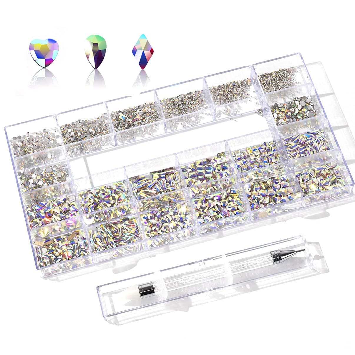 Professional Nail Crystal Rhinestones Kit, 3100pcs Mixed Shapes Glass Crystal 3D AB Rhinestones(Mix Sizes) and Rhinestones Wax Pen for Nails Art Decoration with Diamond Storage Box