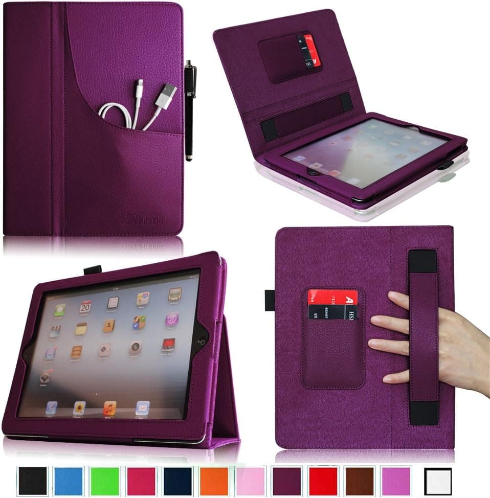 Fintie Folio Plus Leather Case Cover with Elastic Hand Strap/ Front Pocket/ Multiple Card Slots/ Stylus Holder for iPad 4th Generation with Retina Display,iPad 3 & iPad 2 (Automatic Sleep/Wake Feature) - Purple