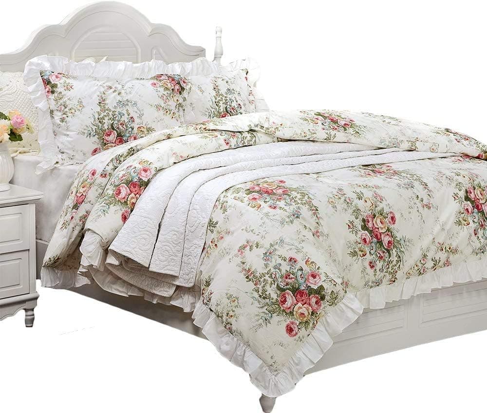 Usning Farmhouse Bedding White Floral Duvet Cover 3 Piece Set 100% Cotton Vintage Rose Bedding Set White Lace and Ruffle Style Reversible Comforter Cover, Queen Size(1 Duvet Cover + 2 Pillow Shams)