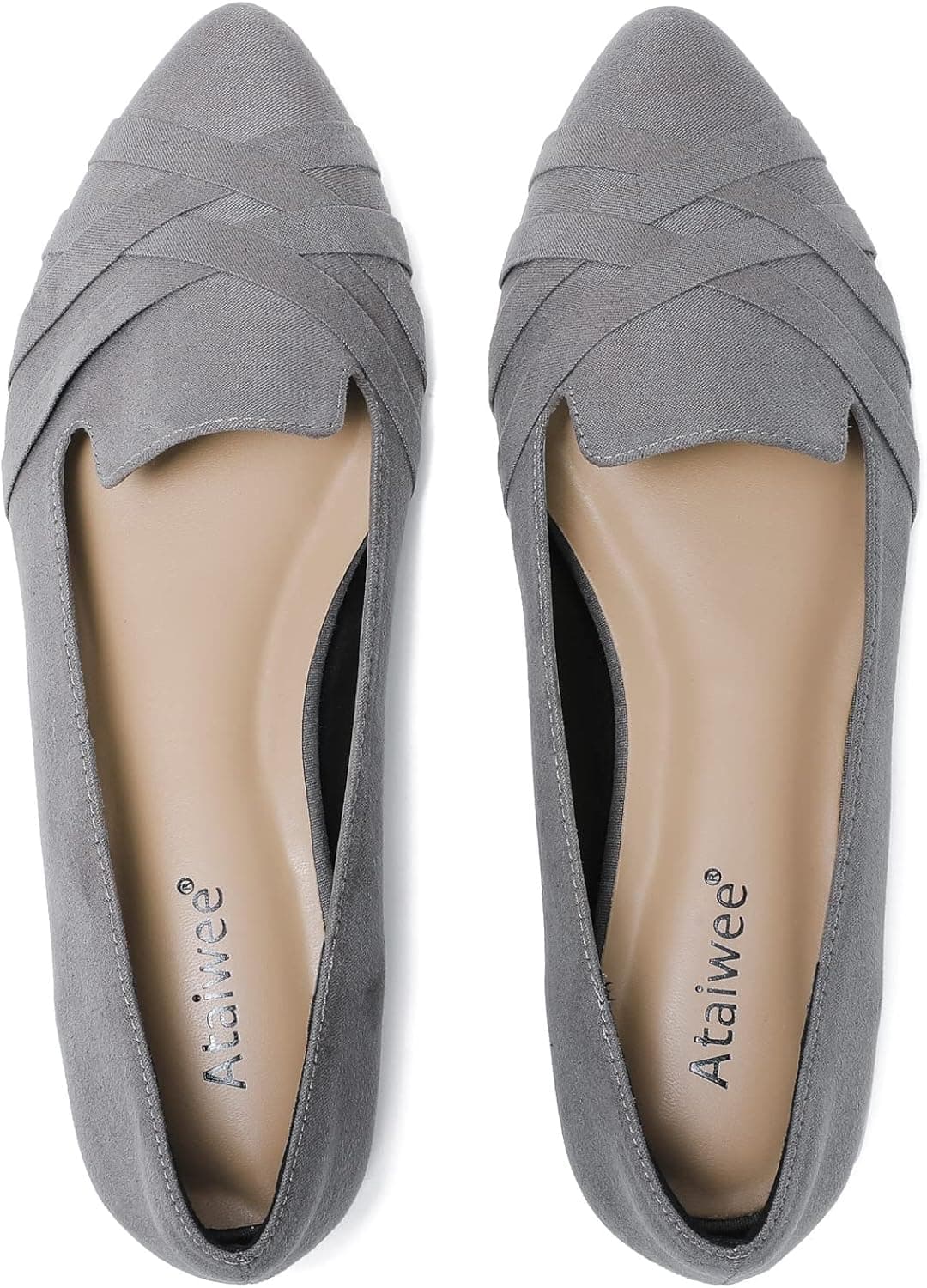 Ataiwee Women's Wide Width Flats Shoes - Dress Pointed Suede Fashion Ballet Shoes.(1910005-5,GR/MF,10 W)