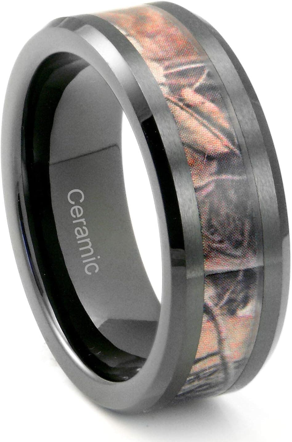 Black Ceramic Men's Hunting Camo Ring, Comfort Fit Band, 8mm