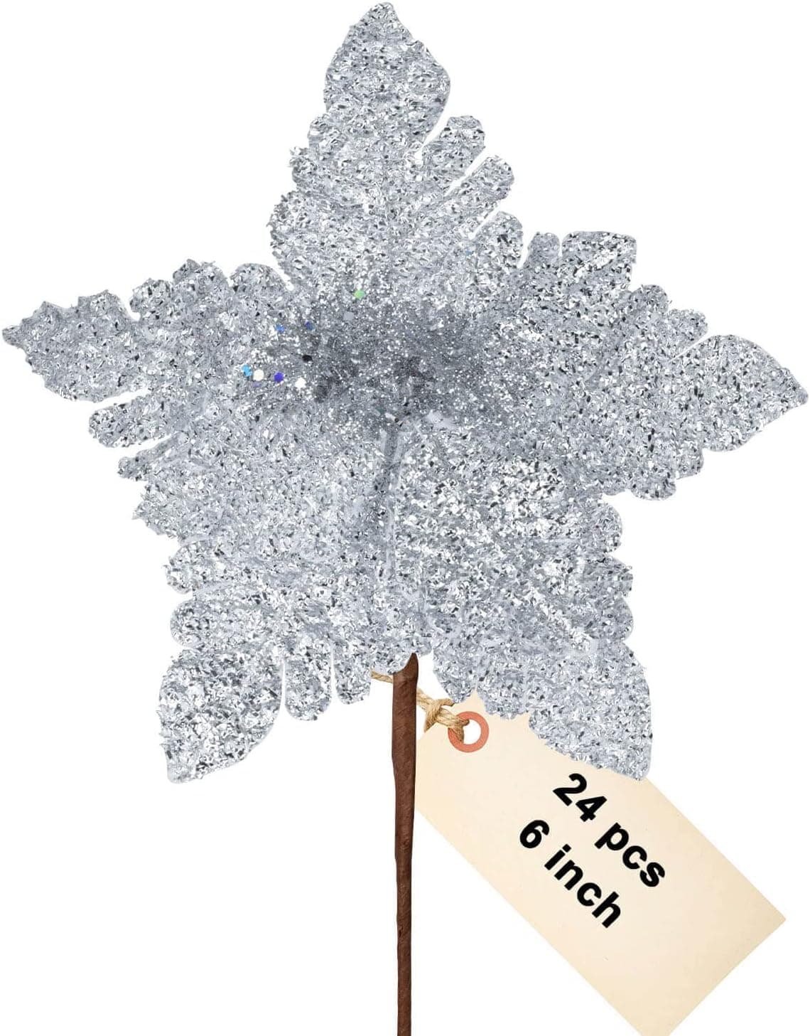 vensovo 24 pcs Poinsettia Christmas Flower Artificial - 6 inch Silver Fake Flowers for Christmas Tree Decoration, Fake Flowers for Silver Christmas Ornament Decoration