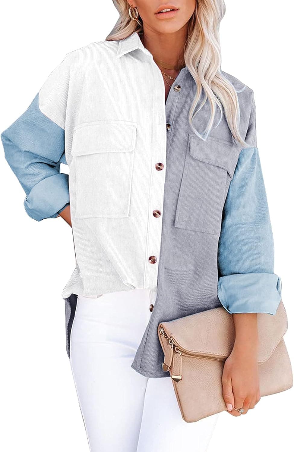 Dokotoo Womens Corduroy Button Down Shirts Boyfriend Long Sleeve Oversized Blouses Tops