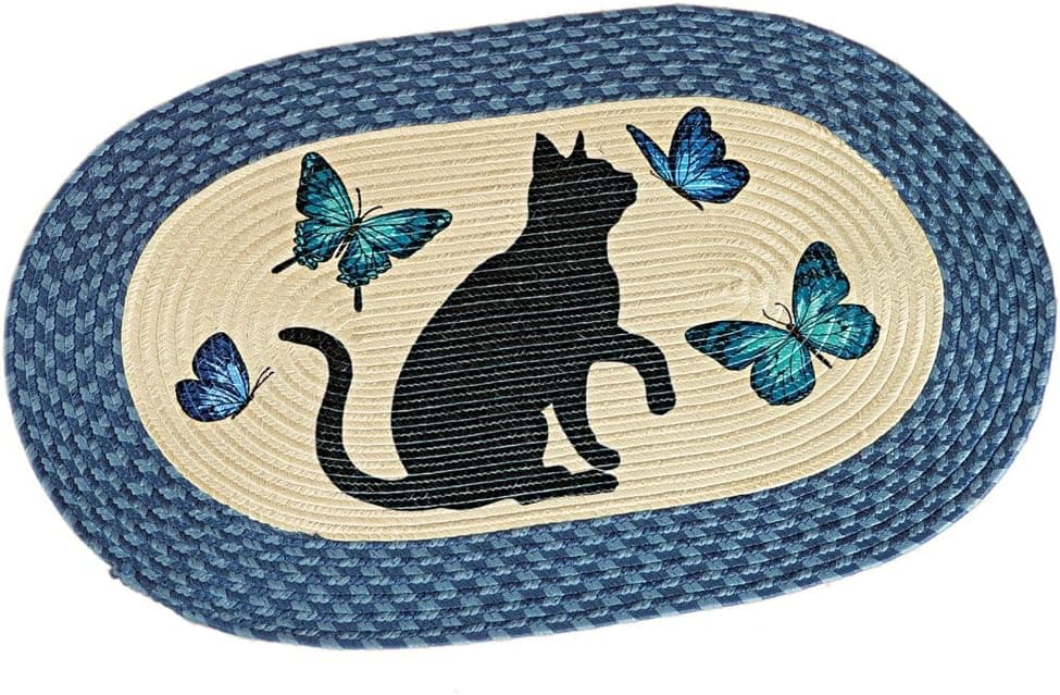 Cat And Butterflies Braided Accent Rug, 19 1/2"W x 30"L, Blue
