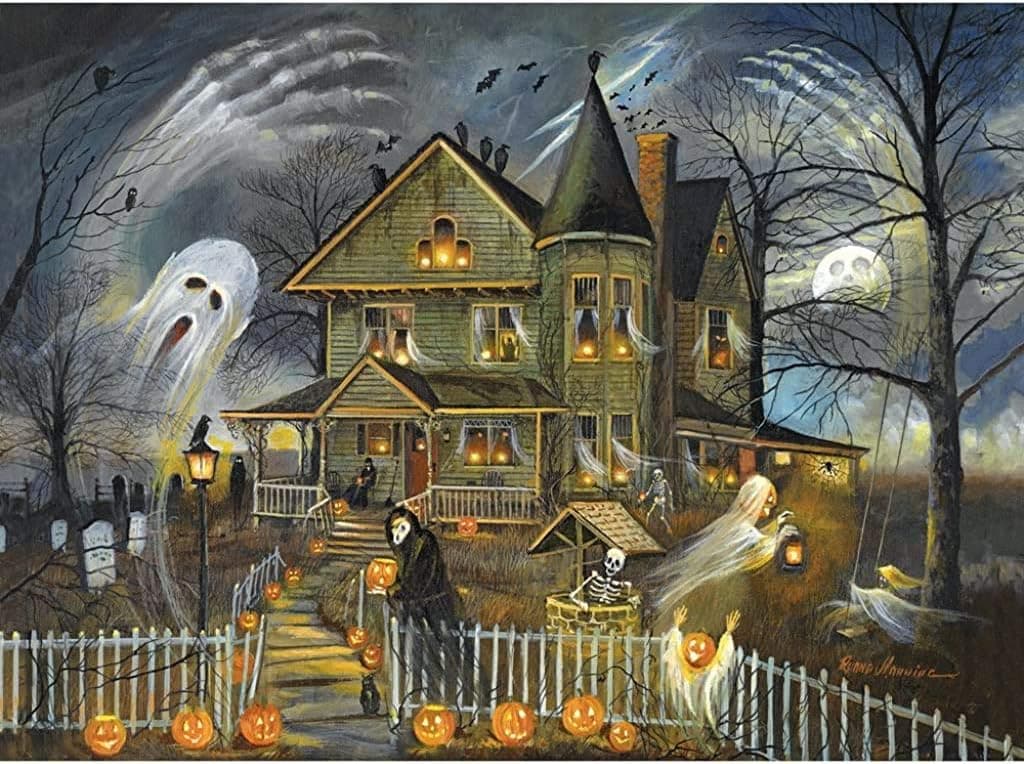 Bits and Pieces - 300 Large Piece Jigsaw Puzzle for Adults - Haunted Haven - 300 pc Halloween Jack-o-Lanterns Jigsaw by Artist Ruane Manning
