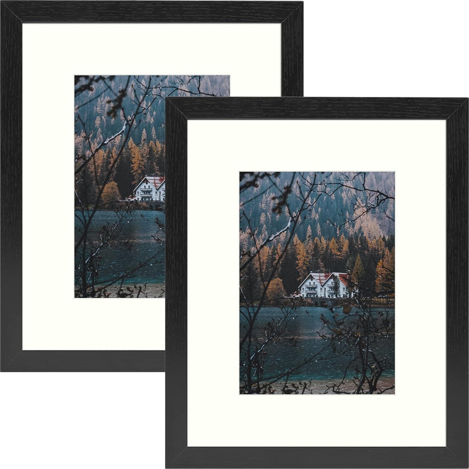 Frametory, Frame with Ivory Mat for Photo, Smooth Wood Grain Finish Easel Stand, Sawtooth Hangers, Real Glass Landscape/Portrait, Wall/Table Display (Black, 8x10 Frame for 5x7 Photo, 2-Pack)