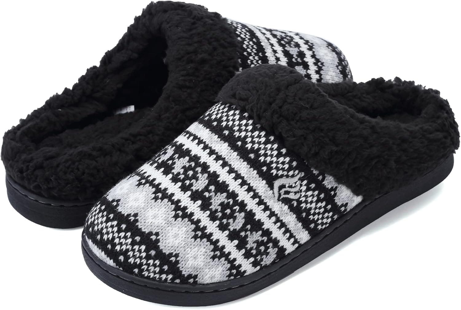 CIOR Women's Memory Foam House Slippers Sweater Knit Embroidered Pattern and Ribbed Hand-Knit Collar House Shoes