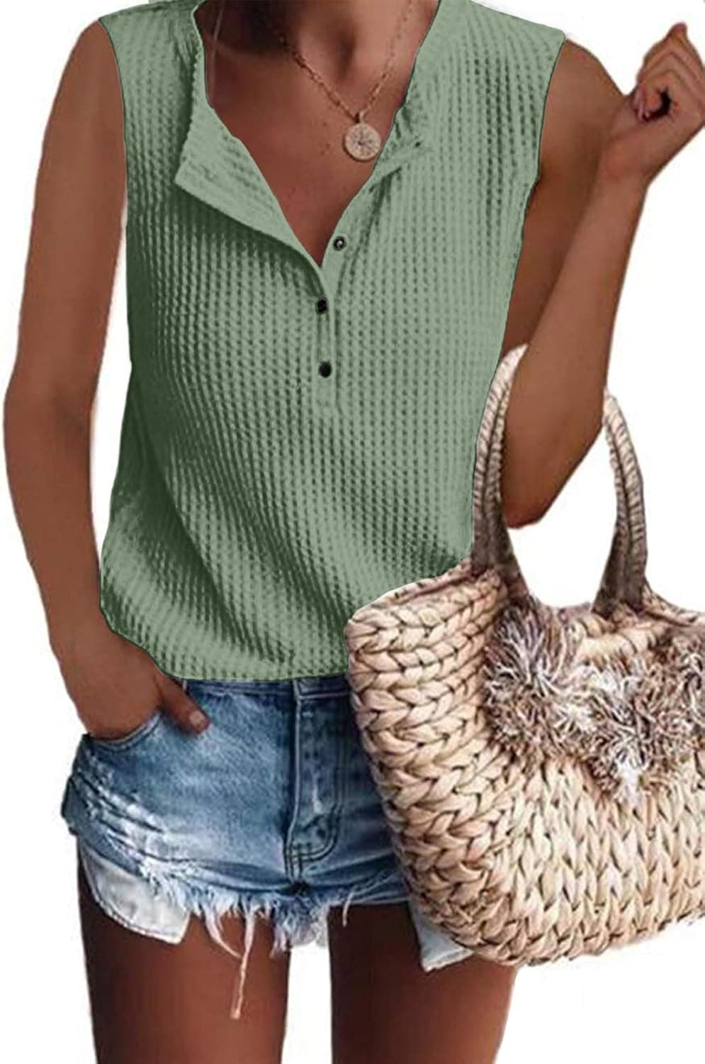 Glanzition Womens Tops Casual V Neck Button Up Loose Waffle Knit Tunic Henley Shirts