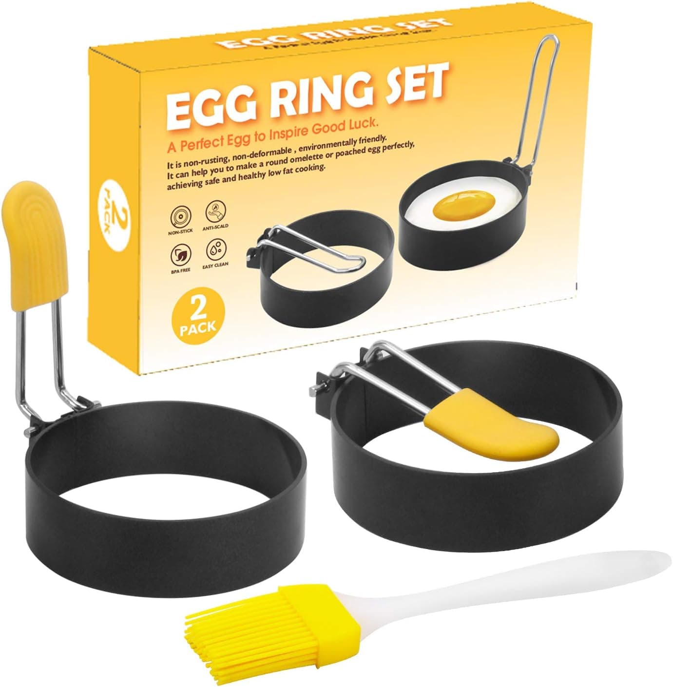 UPYEEJA Egg Rings for Frying Eggs, 2 Pack Nonstick Egg Cooking Rings (Oil Brush Included), Egg Mold for Cooking, Round Egg Cooker Ring