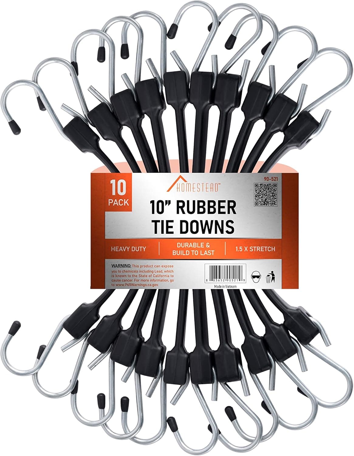 HOMESTEAD 10-inch Rubber Bungee Cords with Hooks, Premium EPDM Tie Down Strap for Outdoor - 10 Packs