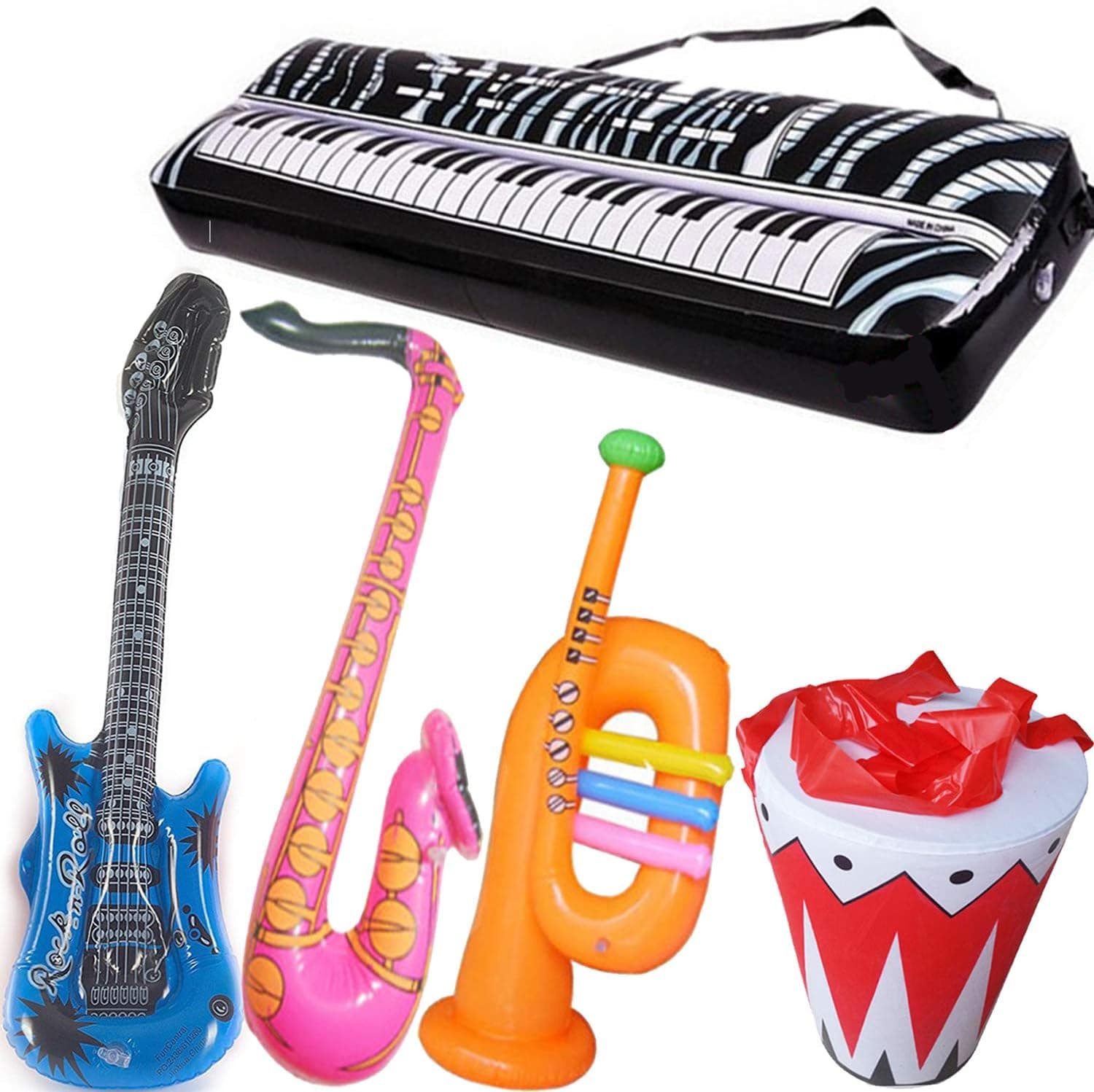 Inflatable Rock Star Toy Set, 5 Pack Inflatable Inflatable Instrument Toys for Rock and Roll Party Supplies - Guitar, Trumpet, Saxophone, Keyboard Piano,Drum 5 Piece