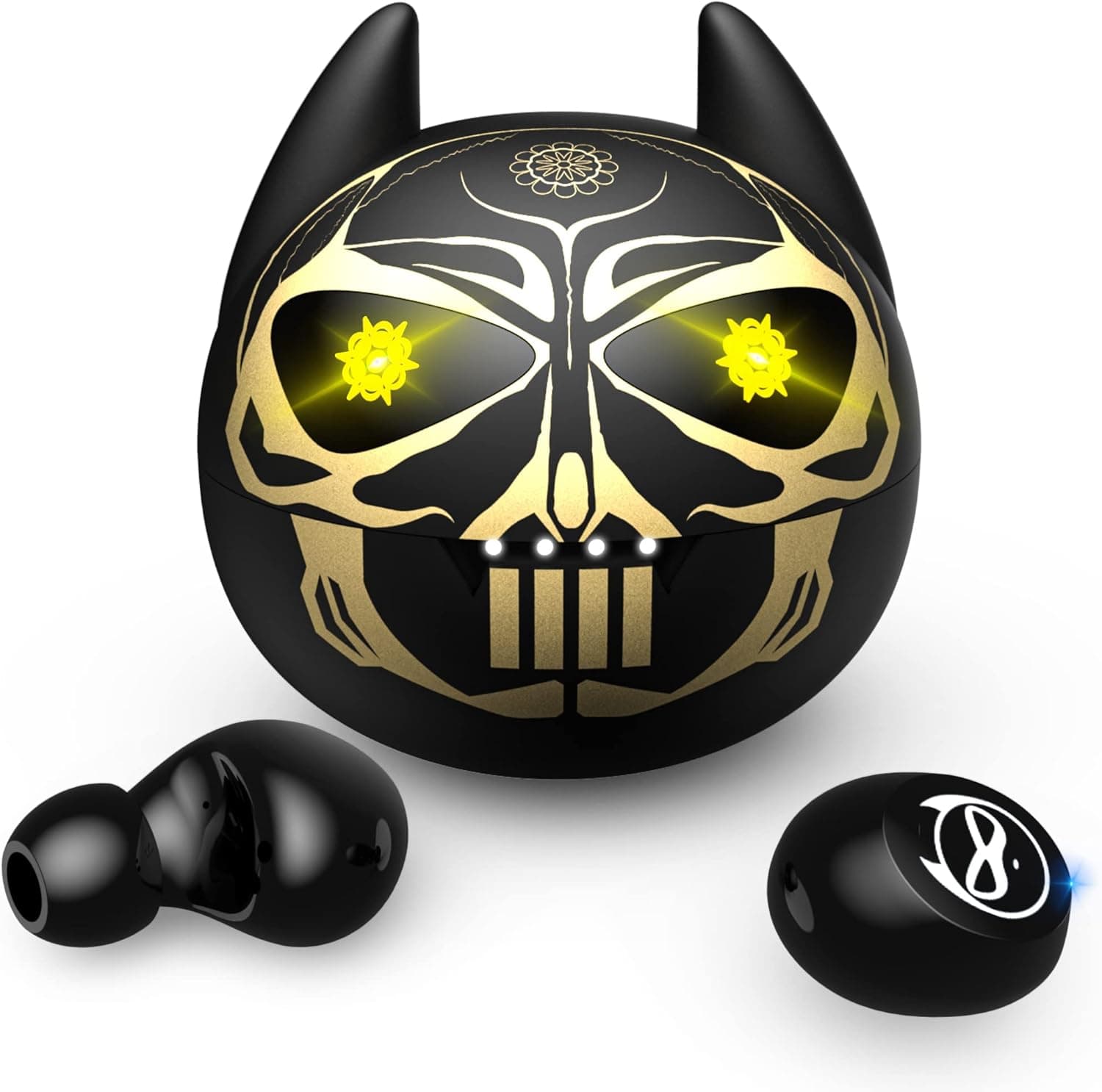 AMAFACE Skull Wireless Earbuds Cool Bluetooth Headphones for Skeleton Lovers 36H Play Time Waterproof Stereo Bluetooth Earphones USB-C LED Display Single/Twin Mode Cartoon Earset for iPhones Android
