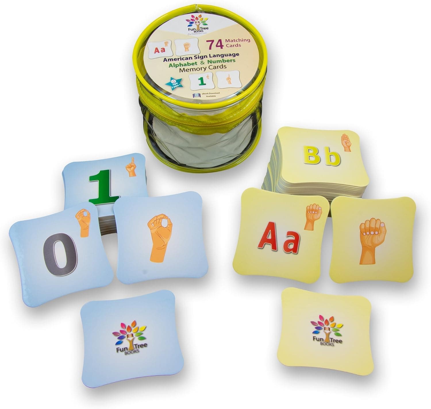 Fun Tree Books Memory Match Game for American Sign Language (ASL) with Activity Book (ebook) or use as ASL Flash Cards Comes with ASL Chart and Storage Bag