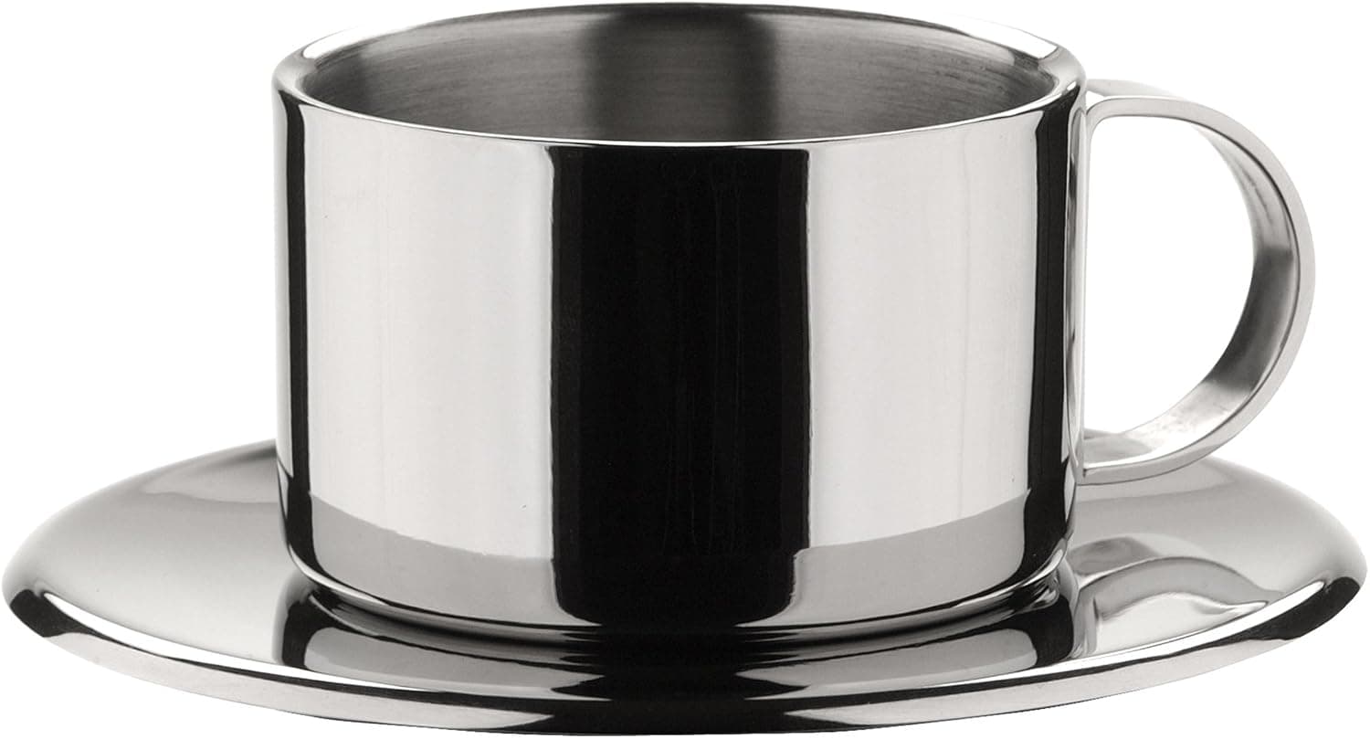 MIU France Stainless Steel Espresso Cups & Saucers, 7.5-Ounce, Silver, Set of 4