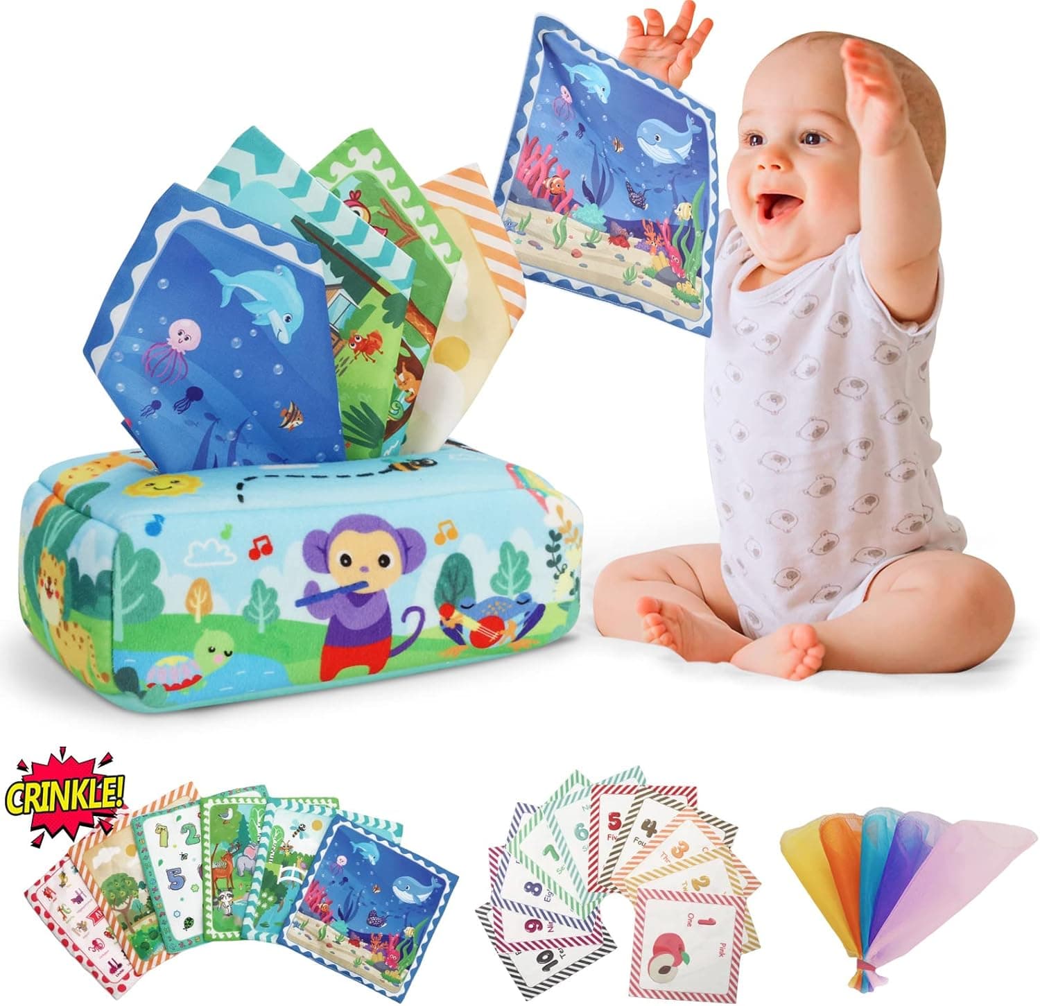 QDRAGON Baby Tissue Box Toy Montessori, 22PCS Tissue Box Toy for Babies 6-12 Months, Baby Crinkle Toys with Soft Crinkle Papers and Silk Scarves, Sensory Pull Toys Gifts for Infants, Newborns