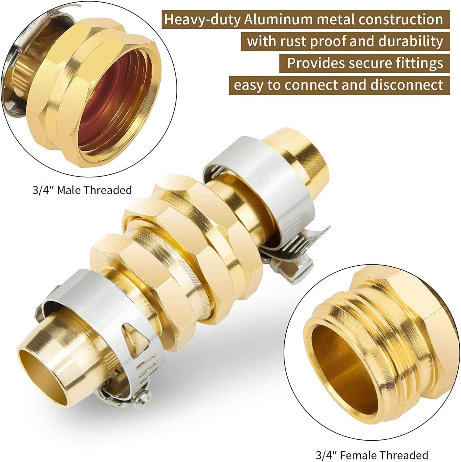 3 Set Solid Brass Garden Hose Repair Kit Water Hose Mender End, Female and Male Hose Connector with Stainless Steel Clamp Fit for 3/4" or 5/8" Garden Hose Fitting (3 Set)
