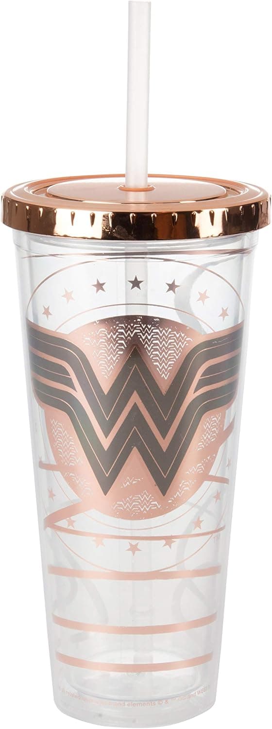 Seven20 DC Wonder Woman Travel Cup with Straw, 22oz - Acrylic Tumbler Mug w/Rose Gold Wonder Woman Symbol Design - Gift for Kids, Teens & Adults