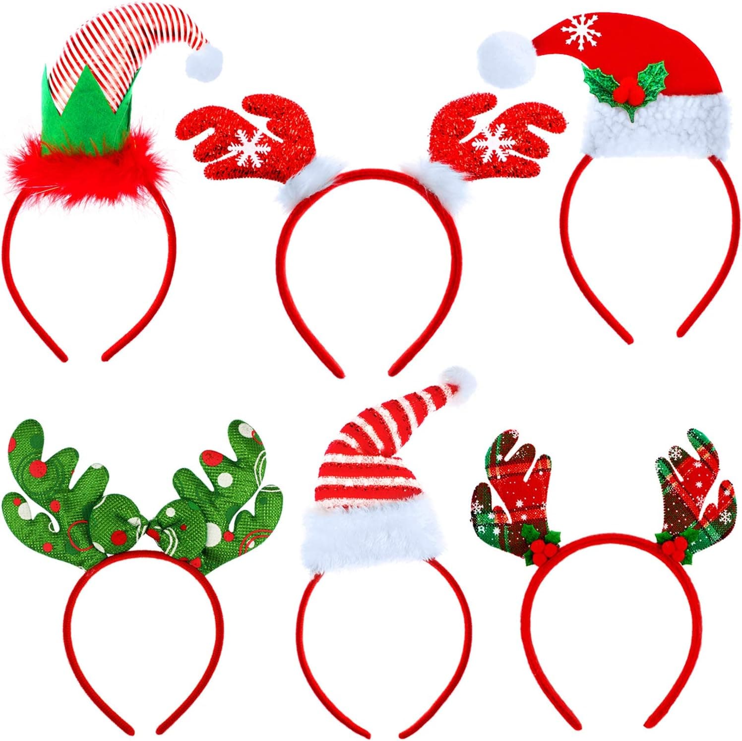 Blulu 6 Pieces Christmas Headbands Christmas Party Hats Elf Reindeer Antlers Shape Costume Headbands for Christmas Party Favor
