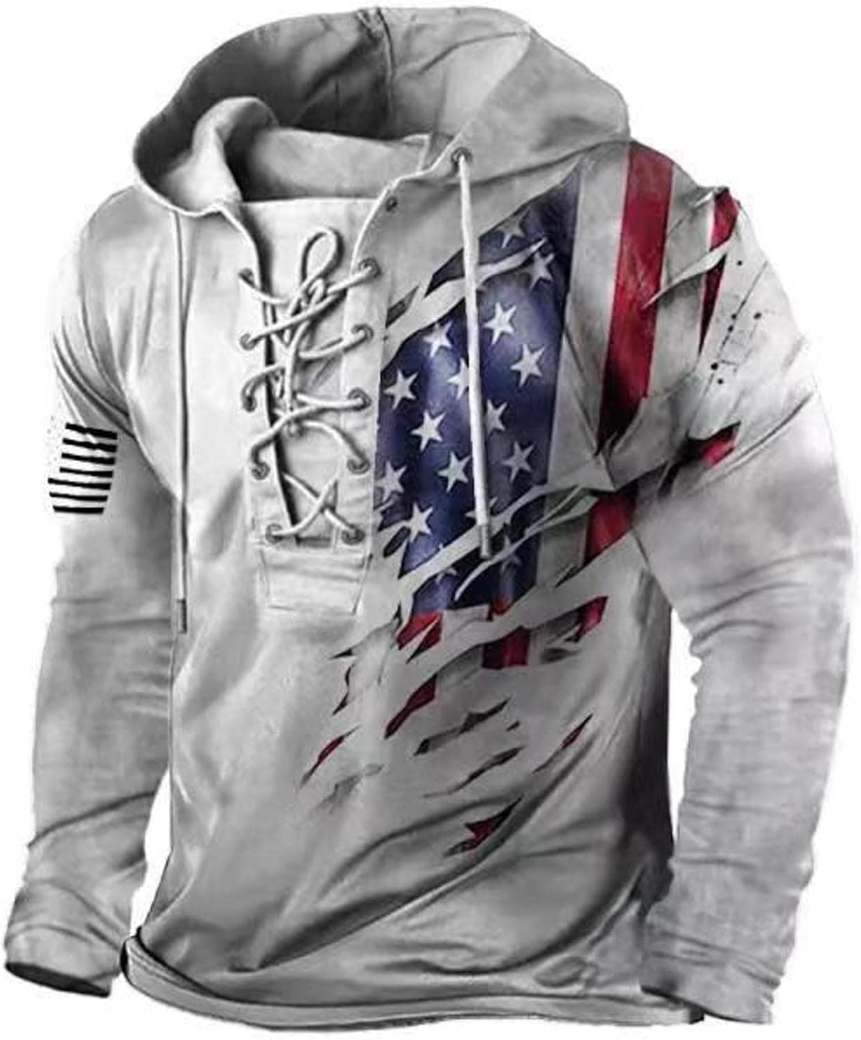 HanzhuoLG Men's Outdoor Military Tactical Hoodie Retro Distressed American Flag Print LaceUp Pullover Hooded Sweatshirt