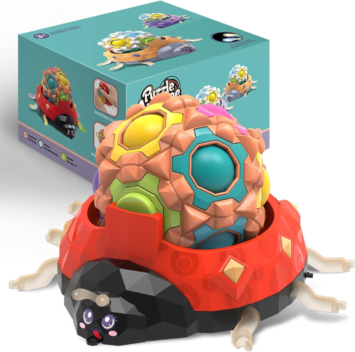 Fidget Toys, Magic Rainbow Puzzle Ball, Fidget Balls with 50 Massage Touch Points, Stress Reliever Massage Cube Balls with Colorful Light Ladybug Base, Autism Sensory Toys for Kids and Adults