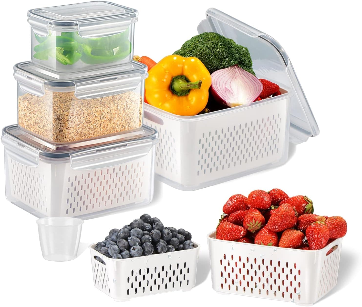 4 Packs Food Storage Containers, Refrigerator Organizer Bins, Airtight Plastic Containers for Pantry & Kitchen Organization, Dishwasher Safe, BPA-Free for Cereals Meat Salad Berry Lettuce Storage
