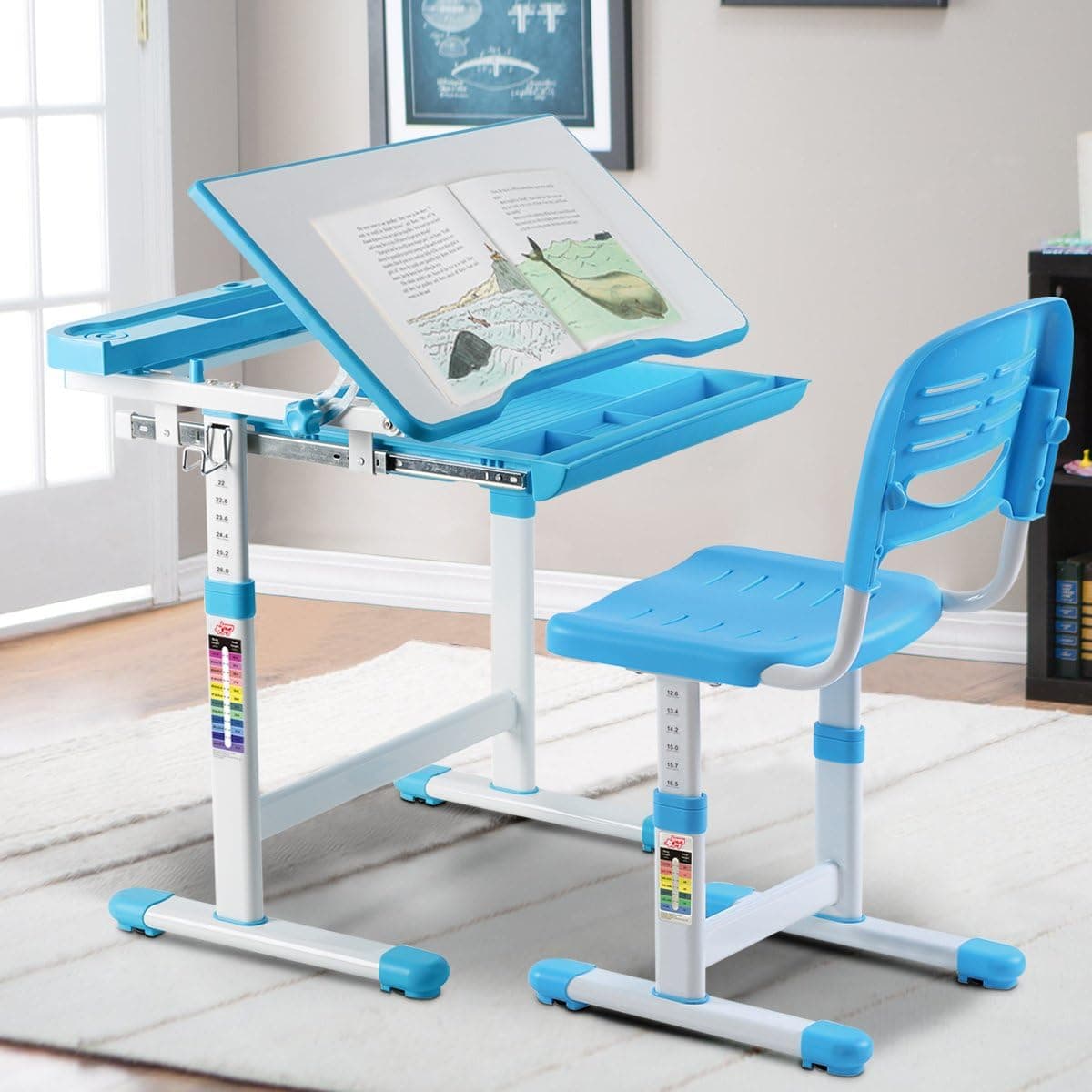 Baby Joy Kids Desk and Chair Set, 0-40 Degree Table Top Adjustable Tilt for Painting, Spacious Pull Out Drawer, Height Adjustable, School Study Workstation for Children (Blue)