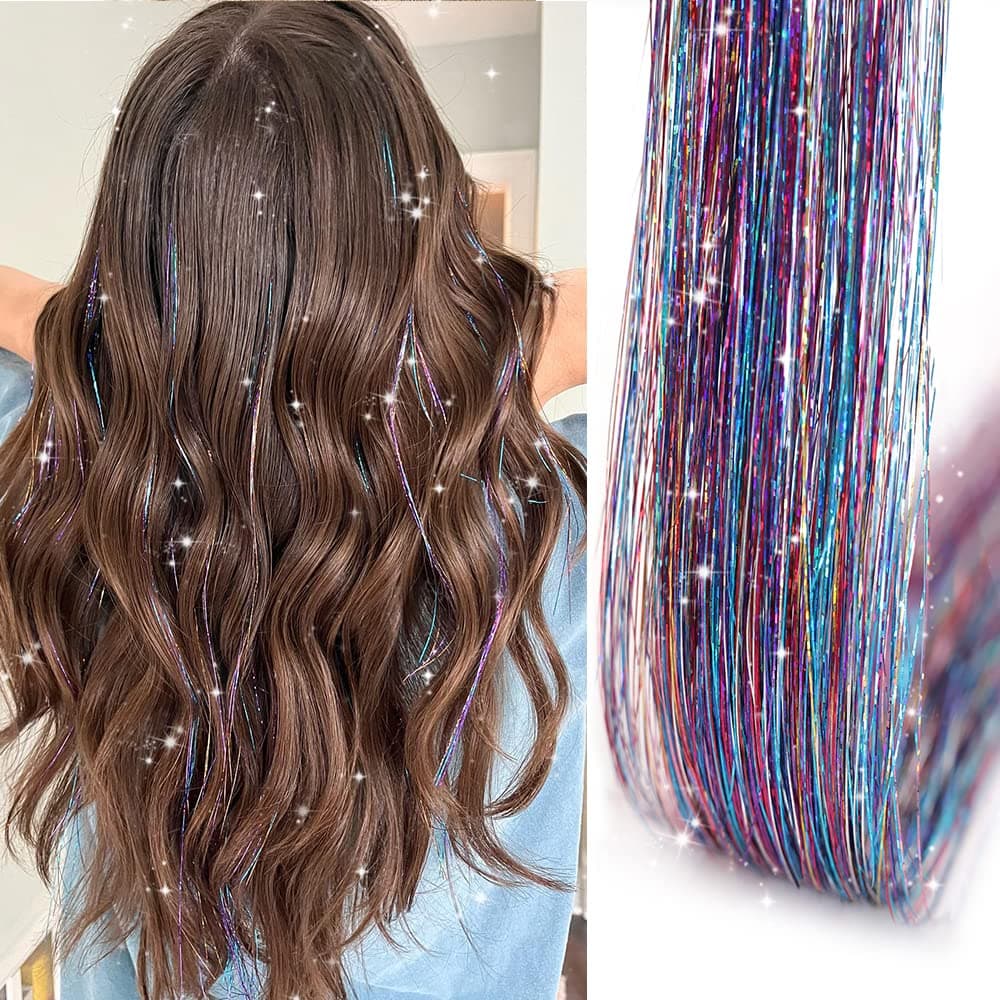 Hair Tinsel Pack of 12 Pcs, Clip in Hair Tinsel 20 Inch Colorful Glitter Tinsel Hair Extensions , Festival Gift Tinsel Fairy Hair Extension Party Dazzle Hair Accessories Strands Kit for Women Girls Kids(20 Inch 12Pcs,Colorful# )
